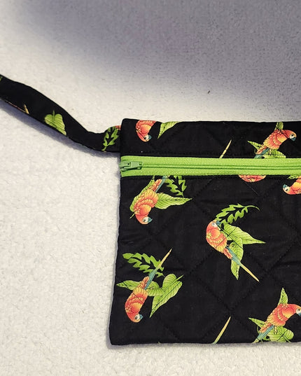New Handmade Quilted Tropical Macaw Parrot Zippered Wristlet