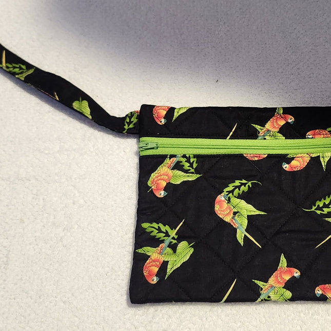New Handmade Quilted Tropical Macaw Parrot Zippered Wristlet
