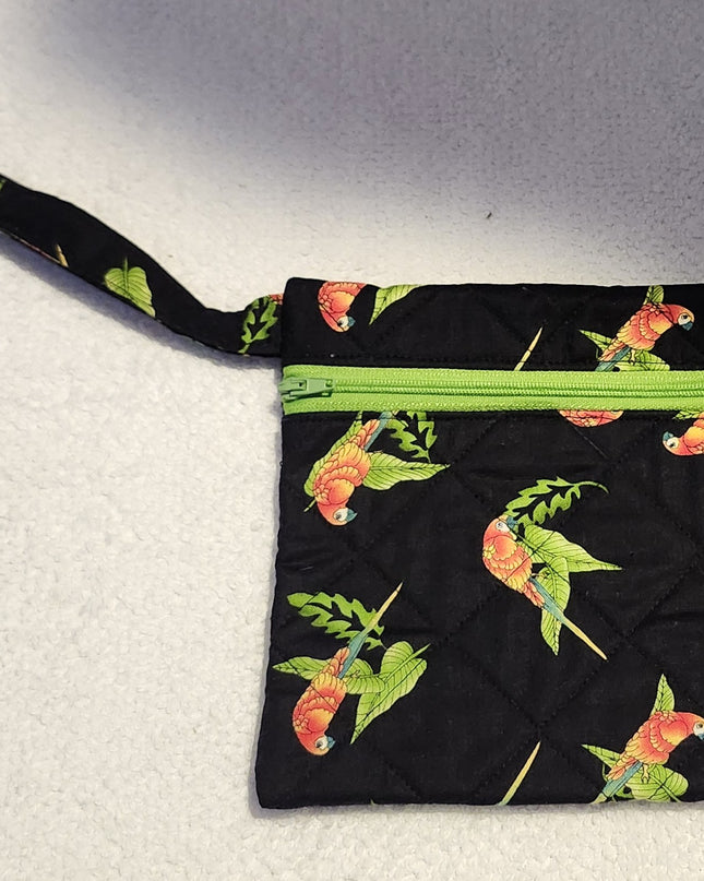 New Handmade Quilted Tropical Macaw Parrot Zippered Wristlet