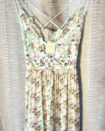 New Free People Intimately Sky Blue Floral Mini Slip Adella Sundress with Adjustable Spaghetti Straps