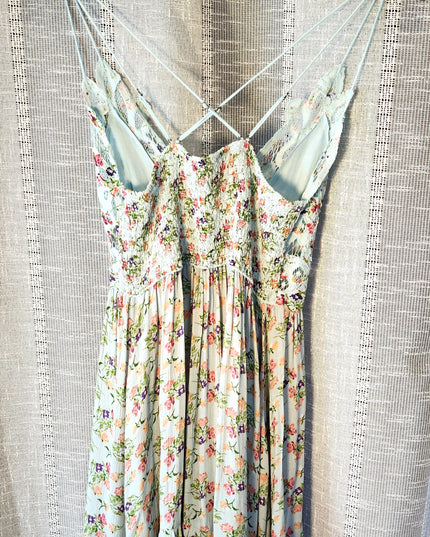 New Free People Intimately Sky Blue Floral Mini Slip Adella Sundress with Adjustable Spaghetti Straps