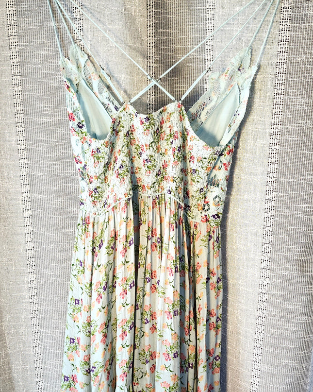 New Free People Intimately Sky Blue Floral Mini Slip Adella Sundress with Adjustable Spaghetti Straps