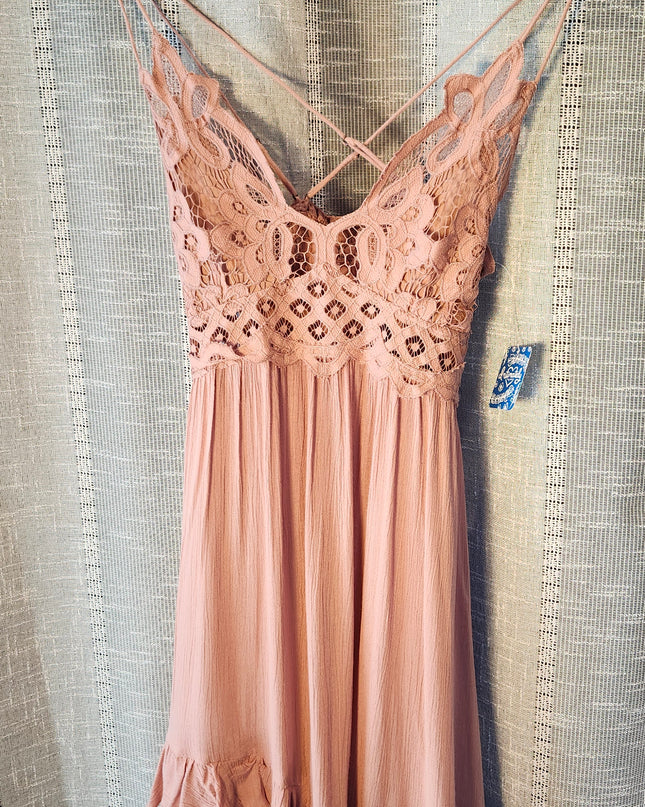 New Intimately Free People Adella Rose Mini Slip Dress with Adjustable Straps, Ruffles, Boho Lace and Smocked Back
