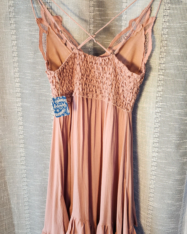 New Intimately Free People Adella Rose Mini Slip Dress with Adjustable Straps, Ruffles, Boho Lace and Smocked Back