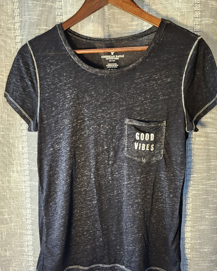 American Eagle Outfitters Black Burn Out Sheer Good Vibes Graphic Pocket T-Shirt