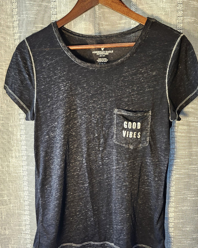 American Eagle Outfitters Black Burn Out Sheer Good Vibes Graphic Pocket T-Shirt