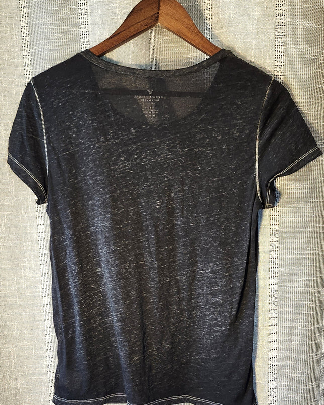 American Eagle Outfitters Black Burn Out Sheer Good Vibes Graphic Pocket T-Shirt