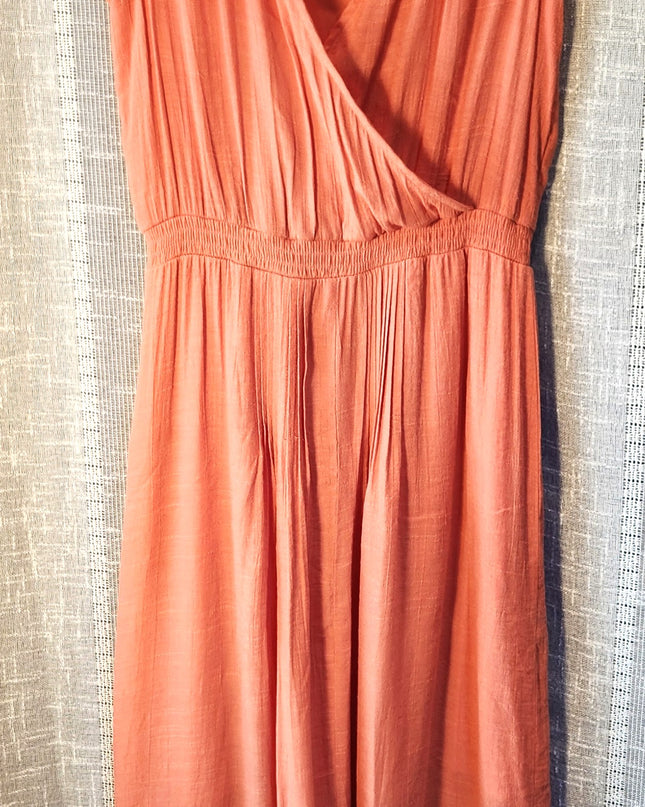 NY Collection Coral Boho Maxi Dress with Crochet Neckline, Lace Trim and V Hemline
