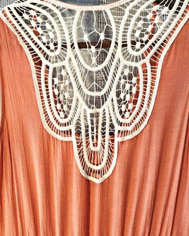 NY Collection Coral Boho Maxi Dress with Crochet Neckline, Lace Trim and V Hemline
