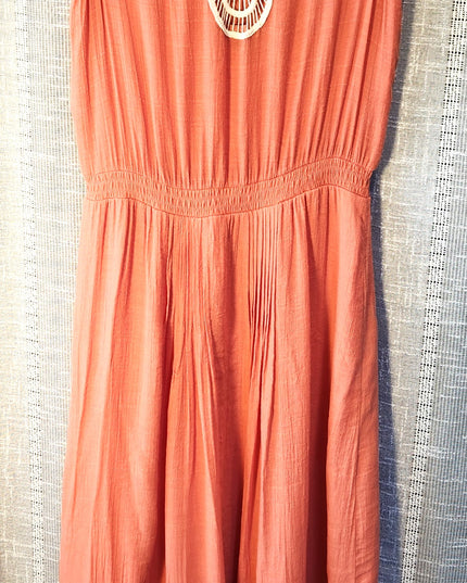 NY Collection Coral Boho Maxi Dress with Crochet Neckline, Lace Trim and V Hemline