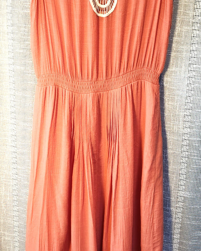 NY Collection Coral Boho Maxi Dress with Crochet Neckline, Lace Trim and V Hemline