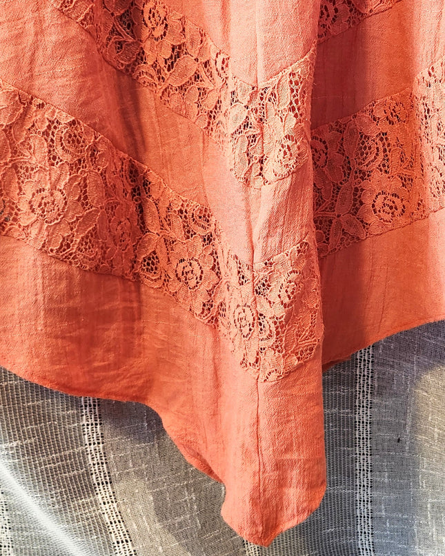 NY Collection Coral Boho Maxi Dress with Crochet Neckline, Lace Trim and V Hemline