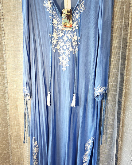 New Size M Mallow/Malibu Blue Rise & Bloom Boho Solid Blue with White Embroidery Maxi Kaftan with Side Slits, & Long Sleeves that Tie on the Ends
