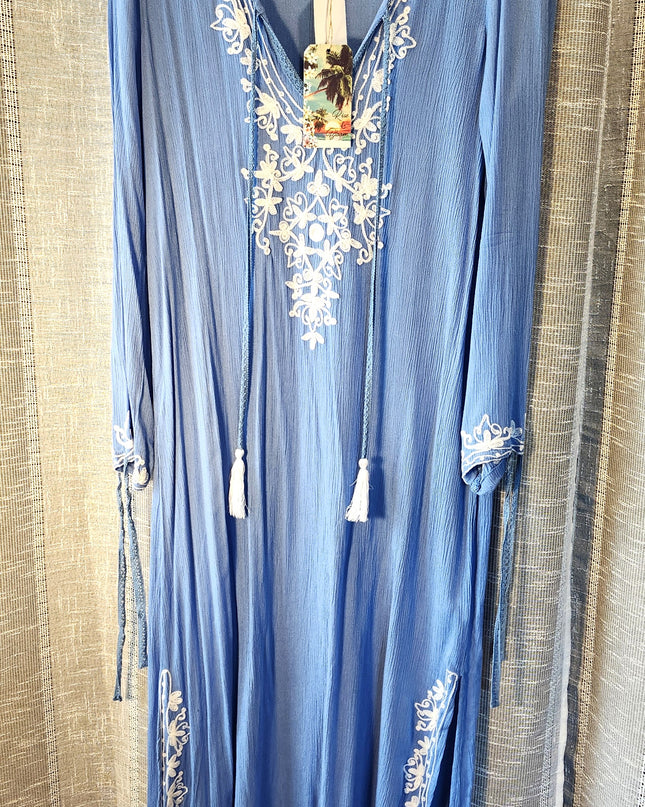 New Size M Mallow/Malibu Blue Rise & Bloom Boho Solid Blue with White Embroidery Maxi Kaftan with Side Slits, & Long Sleeves that Tie on the Ends