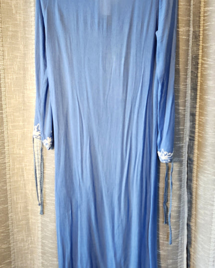 New Size M Mallow/Malibu Blue Rise & Bloom Boho Solid Blue with White Embroidery Maxi Kaftan with Side Slits, & Long Sleeves that Tie on the Ends