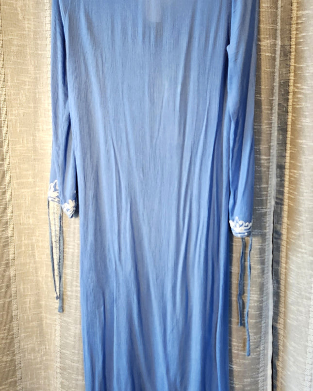 New Size M Mallow/Malibu Blue Rise & Bloom Boho Solid Blue with White Embroidery Maxi Kaftan with Side Slits, & Long Sleeves that Tie on the Ends