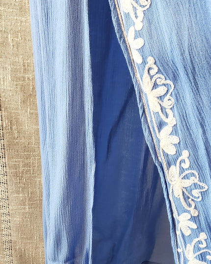 New Size M Mallow/Malibu Blue Rise & Bloom Boho Solid Blue with White Embroidery Maxi Kaftan with Side Slits, & Long Sleeves that Tie on the Ends