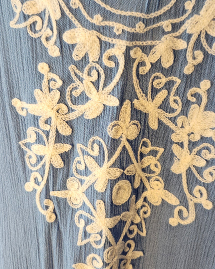 New Size M Mallow/Malibu Blue Rise & Bloom Boho Solid Blue with White Embroidery Maxi Kaftan with Side Slits, & Long Sleeves that Tie on the Ends