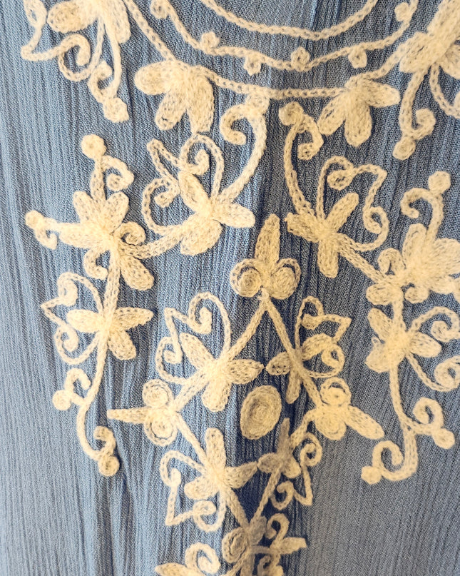 New Size M Mallow/Malibu Blue Rise & Bloom Boho Solid Blue with White Embroidery Maxi Kaftan with Side Slits, & Long Sleeves that Tie on the Ends