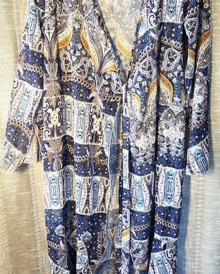 New Cia Couture Sheer Boho Patchwork Paisley Print Tie Front Maxi Duster with Long Sleeves
