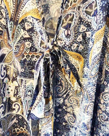 New Cia Couture Sheer Boho Patchwork Paisley Print Tie Front Maxi Duster with Long Sleeves