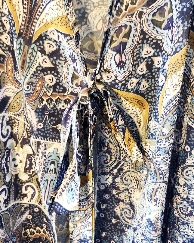New Cia Couture Sheer Boho Patchwork Paisley Print Tie Front Maxi Duster with Long Sleeves