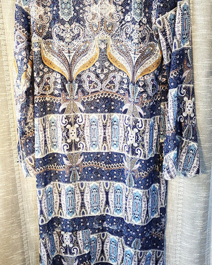 New Cia Couture Sheer Boho Patchwork Paisley Print Tie Front Maxi Duster with Long Sleeves