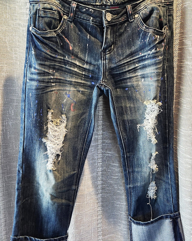 Almost Famous Paint Splatter Design Distressed Jeans Cropped Jeans with Cuffed Hems