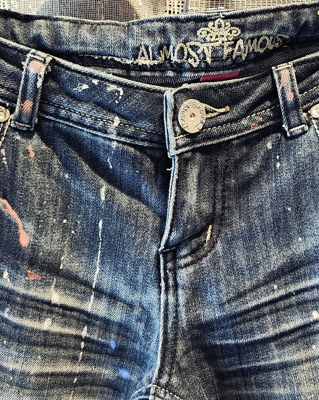 Almost Famous Paint Splatter Design Distressed Jeans Cropped Jeans with Cuffed Hems