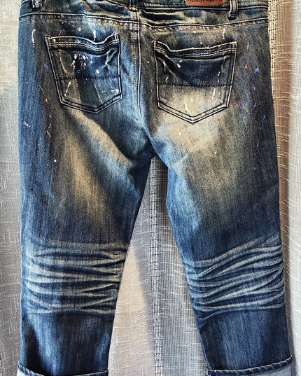 Almost Famous Paint Splatter Design Distressed Jeans Cropped Jeans with Cuffed Hems