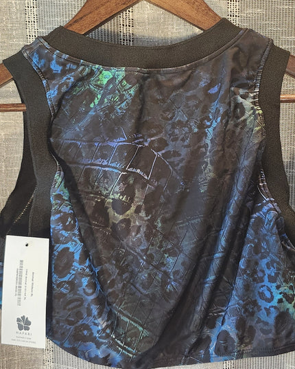New Hapari UPF 50+ Two-Piece Black & Blue Leopard Sport Midkini Athletic Crop Tankini Top & Black Cinch Swim Skirt with Built-in-Brief