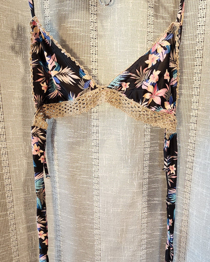 Ninety --Nine Degrees Two-Piece Triangle Tropical Floral Bikini with Crochet Trim