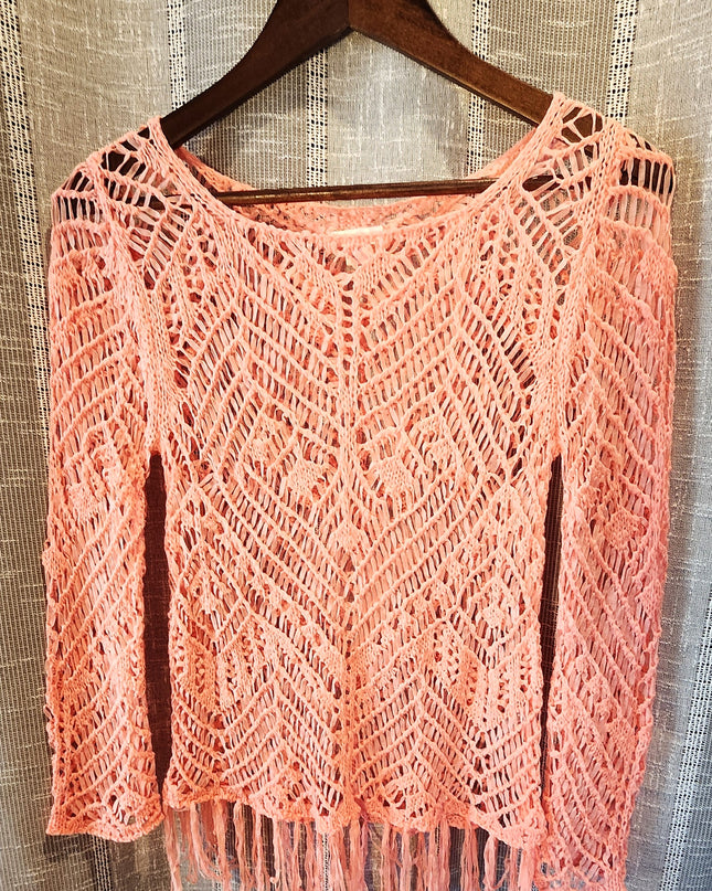 Xceleration Coral Colored Open-Knit Boho Long Sleeve Beach Cover-Up with Fringe