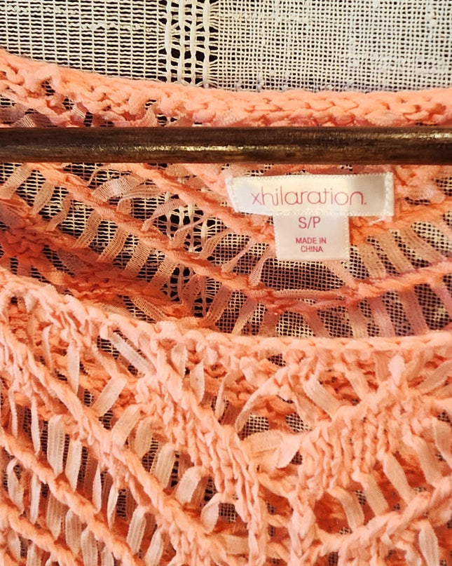 Xceleration Coral Colored Open-Knit Boho Long Sleeve Beach Cover-Up with Fringe