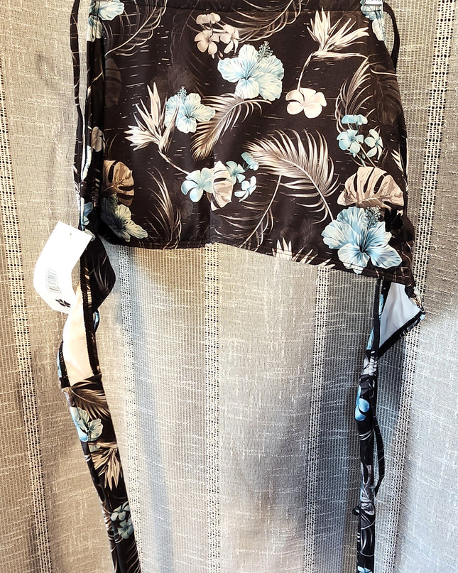 New Hapari UPF 50+ Two-Piece Black Floral Halter Top & Turquoise Swim Skirt with Built-In-Brief Set