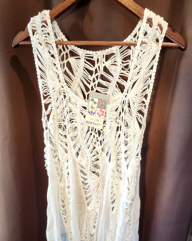 New India Boutique Boho White Handkerchief Hem Tank Top Beach Cover-Up