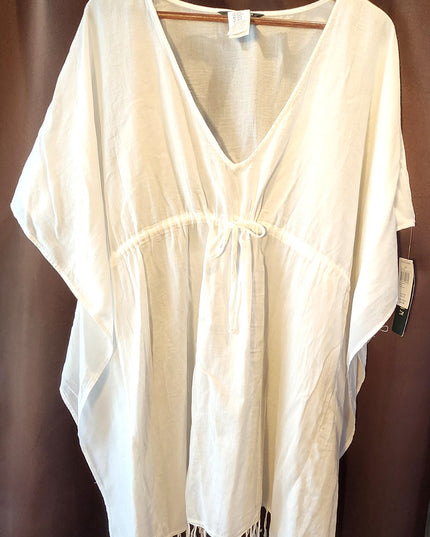 New Ralph Lauren White Cotton Gauze Drawstring Kaftan Beach Swimsuit Cover-Up