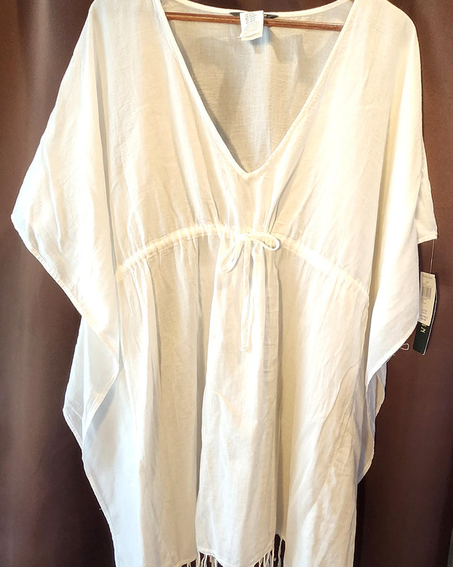 New Ralph Lauren White Cotton Gauze Drawstring Kaftan Beach Swimsuit Cover-Up