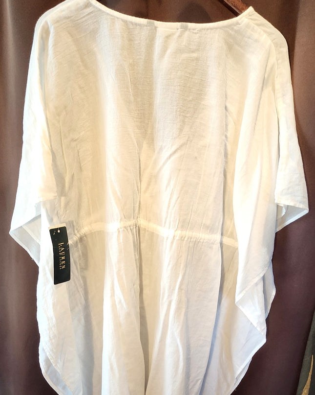 New Ralph Lauren White Cotton Gauze Drawstring Kaftan Beach Swimsuit Cover-Up