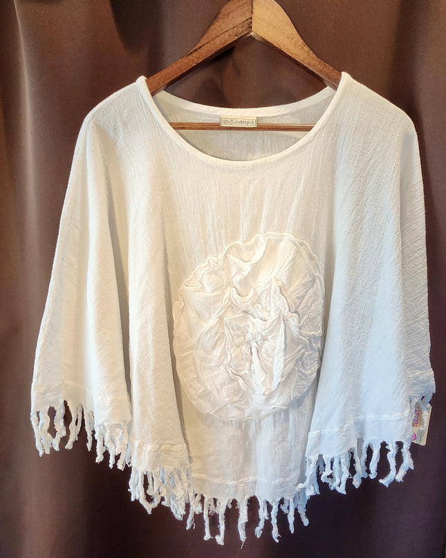 New Cottonways 100% Cotton Gauze Fringe Boho Poncho Top or Beach Cover-Up with Flower Applique