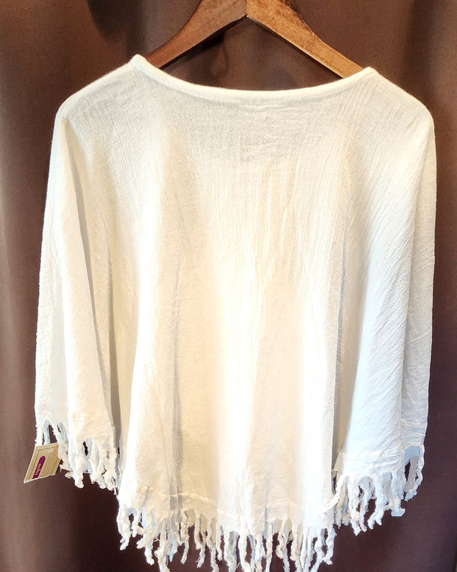 New Cottonways 100% Cotton Gauze Fringe Boho Poncho Top or Beach Cover-Up with Flower Applique