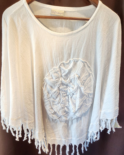 New Cottonways 100% Cotton Gauze Fringe Boho Poncho Top or Beach Cover-Up with Flower Applique