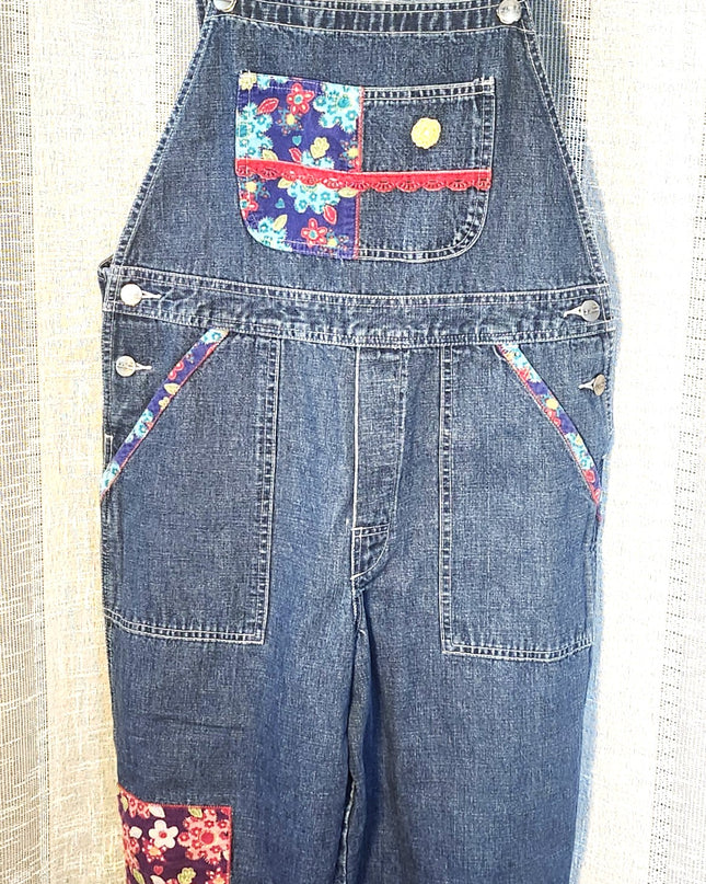 Vintage 90s L.L. Bean Floral Corduroy Patchwork Overalls Girl's LG (Fits Women's XXS/XS/S)