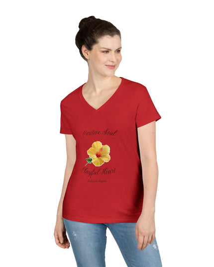 Ladies' V-Neck T-Shirt — "Positive Soul, Playful Heart" Yellow Floral Graphic