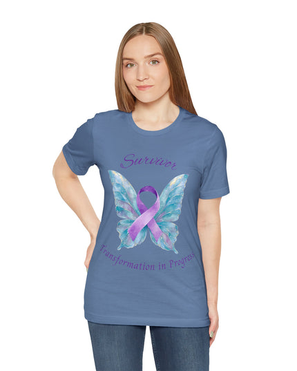 Domestic Violence Awareness Shirt | Survivor Teal and Purple Ribbon Butterfly Tee | Abuse Survivor Gift, Transformation in Progress Graphic T-Shirt, Empowering Healing Support Clothing