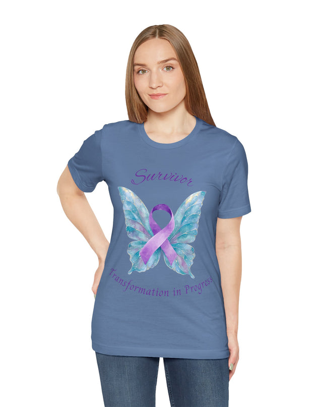 Domestic Violence Awareness Shirt | Survivor Teal and Purple Ribbon Butterfly Tee | Abuse Survivor Gift, Transformation in Progress Graphic T-Shirt, Empowering Healing Support Clothing