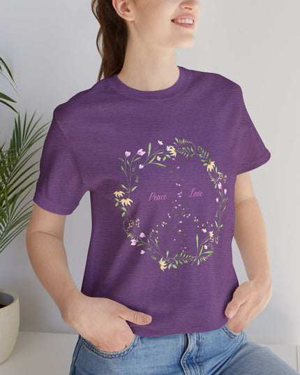 Hibiscus Hippie Boho Designed Floral Peace Sign T-Shirt — 'Peace & Love' in Multicolor Choice Tees