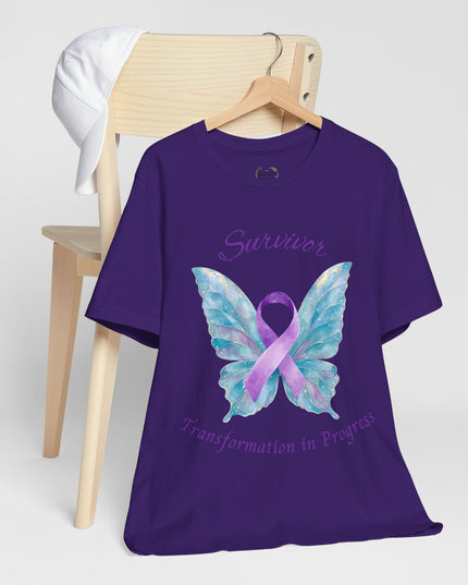 Domestic Violence Awareness Shirt | Survivor Teal and Purple Ribbon Butterfly Tee | Abuse Survivor Gift, Transformation in Progress Graphic T-Shirt, Empowering Healing Support Clothing