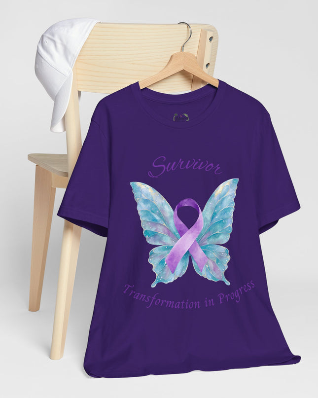 Domestic Violence Awareness Shirt | Survivor Teal and Purple Ribbon Butterfly Tee | Abuse Survivor Gift, Transformation in Progress Graphic T-Shirt, Empowering Healing Support Clothing