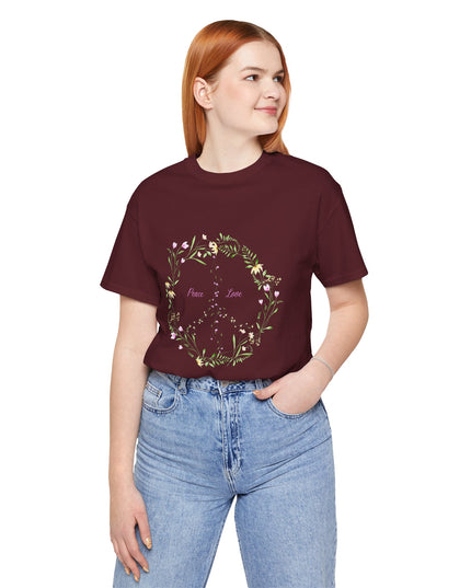 Hibiscus Hippie Boho Designed Floral Peace Sign T-Shirt — 'Peace & Love' in Multicolor Choice Tees